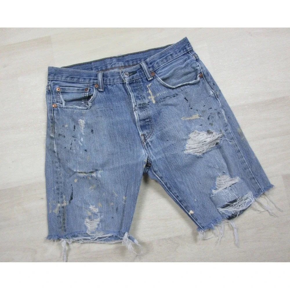 Levi's 501 Denim Jean Shorts Men's (30) Cut Off Grunge Thrashed Paint Splatter